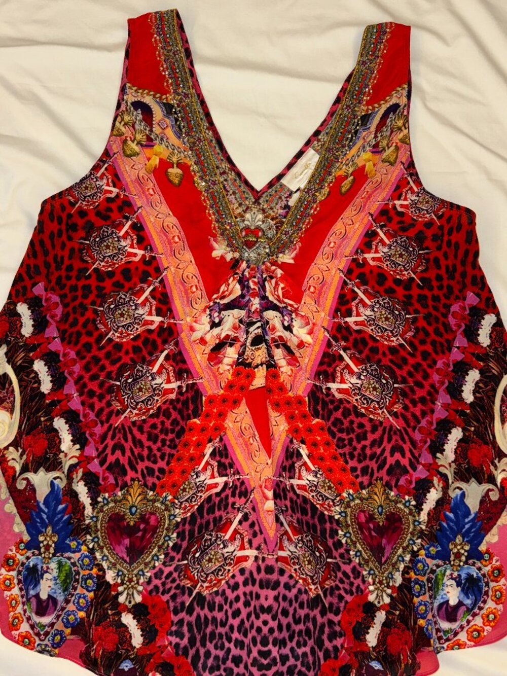 Camilla Frank's Frida Kahlo collection Silk top with beading and leopard SIze M